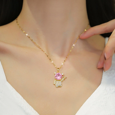 Collana Con Pendente Orso Con Catena In Acciaio Inossidabile E Zircone Rosa Micro Intarsiato Stella Di Rame Regalo Donna