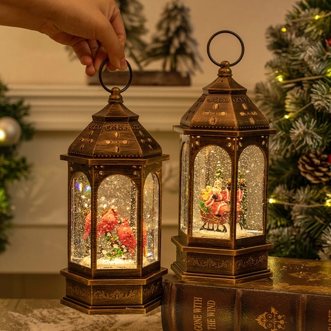 Christmas Snow Globe Lantern Retro Bronze LED Night Light With Rotating Glitter Santa Cardinal Festive Holiday Ornament