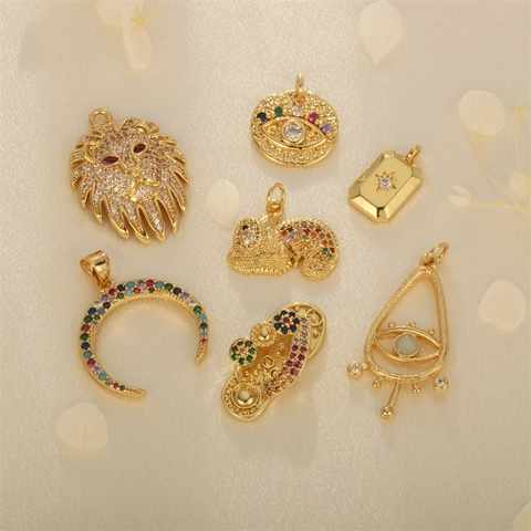 Copper Gold Plated Charms Colorful Zircon Pendants Lion Head Evil Eye Moon For DIY Jewelry Making Crafts