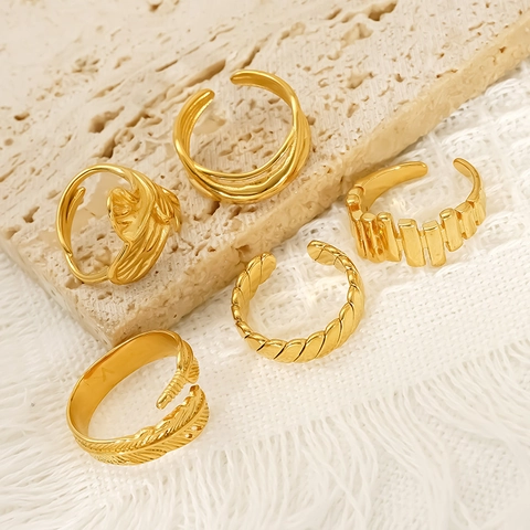 18K Vergoldete 304 Edelstahl Verstellbare Offene Ringe Minimalistische Feder Blatt Geometrische Wasserdichte Schmuck Für Frauen
