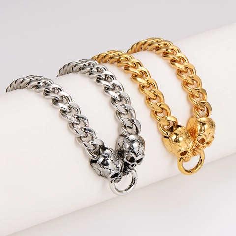Men Stainless Steel Cuban Link Chain Necklace With Double Skull Heads Punk Gothic Hip Hop Jewelry Fashion