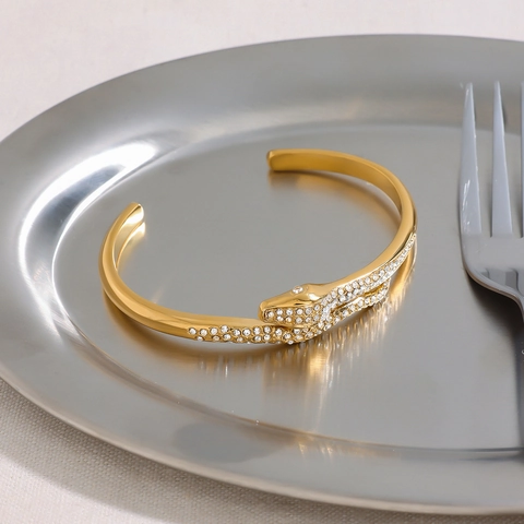 Bracciale Rigido Serpente Placcato Oro 18K Acciaio Inossidabile Zircone Strass Regolabile Gioielli Moda Per Donna