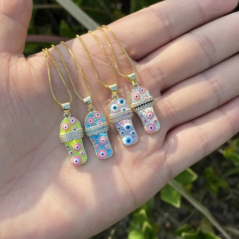 Slipper Pendant Necklace Copper Zircon Evil Eye Enamel Lucky Charm Jewelry For Women