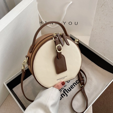 Runde Umhängetasche Damen PU Leder Retro Handtasche Kleine Schultertasche Mode Verstellbarer Riemen Reißverschluss