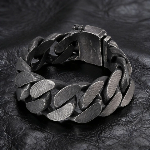 Men Cuban Link Bracelet 316L Stainless Steel Thick Industrial Wide Chain Distressed Vintage Style Jewelry For Men