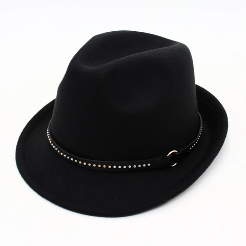 Black Fedora Hat Cotton Felt Jazz Trilby With Riveted Leather Band For Magic Stage Performance Punk Urban Style
