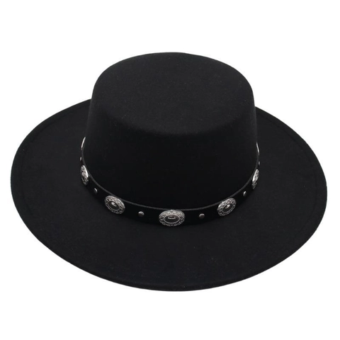 Vintage Boater Hut Mit Flacher Krone Wollfilz Breiter Krempe Jazz Fedora Mit Lederband Metallmünzen Dekor