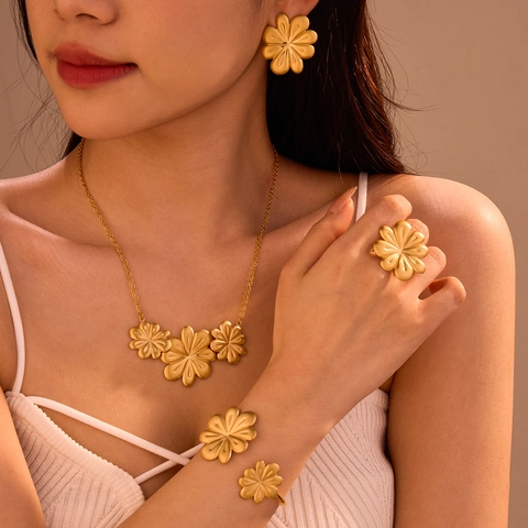Flower Petal Necklace Bracelet Earrings Ring Stainless Steel Matte Gold Brushed Texture Elegant Vintage Jewelry For Women
