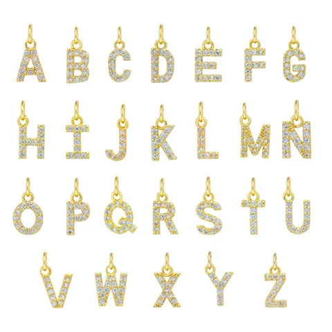 Initial Alphabet Letter Charms Copper Gold Plated Cubic Zirconia Pendants For DIY Jewelry Making Bracelet Necklace Accessory
