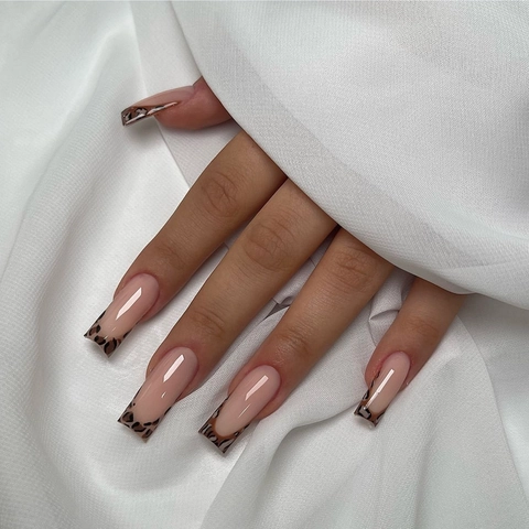 Unghie Finte Press On Motivo Leopardato Francese Forma Quadrata Lunga Base Rosa Nudo Resina ABS Per Manicure Donna