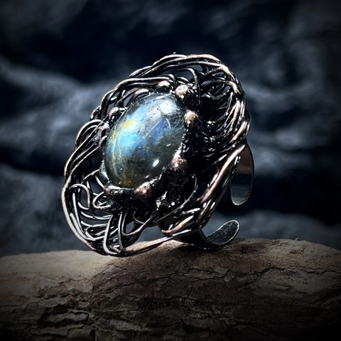 Natural Labradorite Adjustable Ring Handmade Wire Wrapped Bird Nest Antique Copper Retro Gothic Statement Jewelry For Women Men
