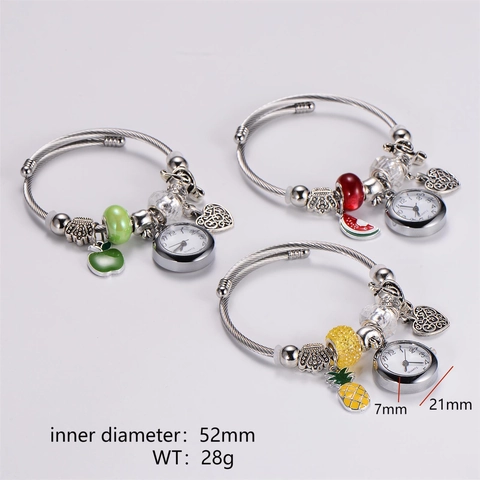 Womens Quartz Bracelet Watch 316L Stainless Steel Beaded Fruit Enamel Charms Adjustable Heart Pendant Fashion Jewelry