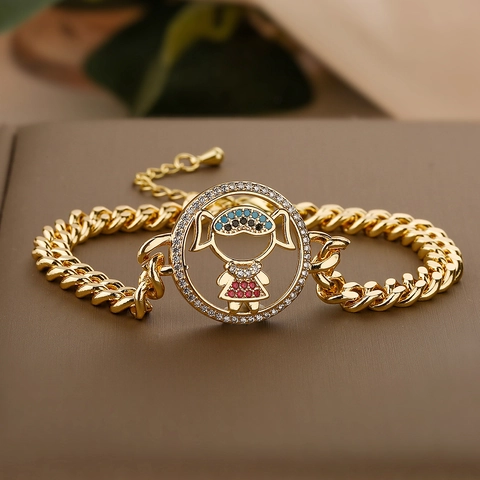 Cuban Link Bracelet Gold Plated Copper Colorful Cubic Zirconia Hollow Circular Boy Girl Pendant Fashion Jewelry For Women
