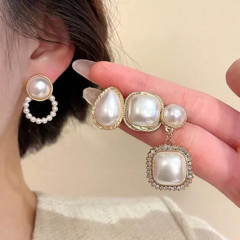 Orecchini Di Künstliche Perle Eleganti Vintage Con Perno In Argento Strass Quadrati Goccia Geometrici Per Donne