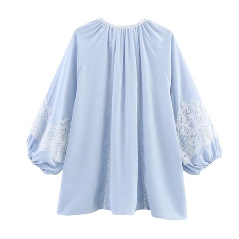 Blusa In Chiffon Celeste Da Donna Pizzo Romantico Francese Patchwork Maniche A Lanterna Top Con Fiocco E Bottoni Di Perla Artificial