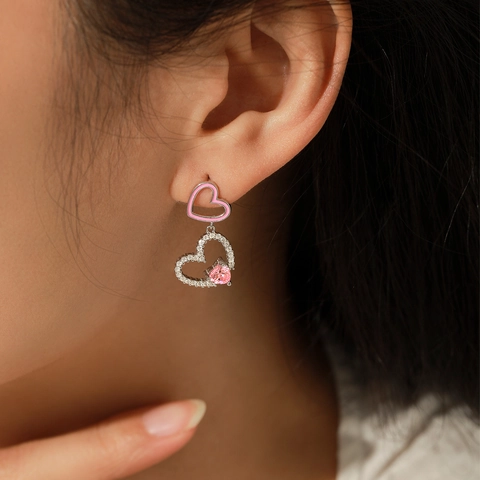 Pendientes Colgantes de Doble Corazón de Plata de Ley 925 Esmalte Rosa Hueco Circonia Incrustada Joyería Romántica para Mujer