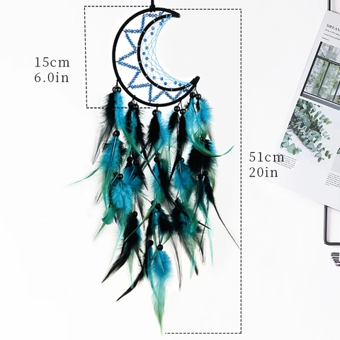 Moon Dream Catcher With Feathers And Beads Handmade Woven Wall Hanging Decoration Bohemian Style Indian Home Decor