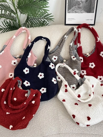 Sweet Girl Plush Tote Bag Embroidered Flower Heart Pattern Faux Fur Underarm Bag Checkerboard Lining Autumn Winter Soft Shoulder Bag