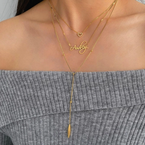 Collar Con Colgante De Acero Inoxidable Corazón Zirconia Letra Audrey Forma Y Borla Chapado En Oro Joyería Minimalista Elegante Mujer