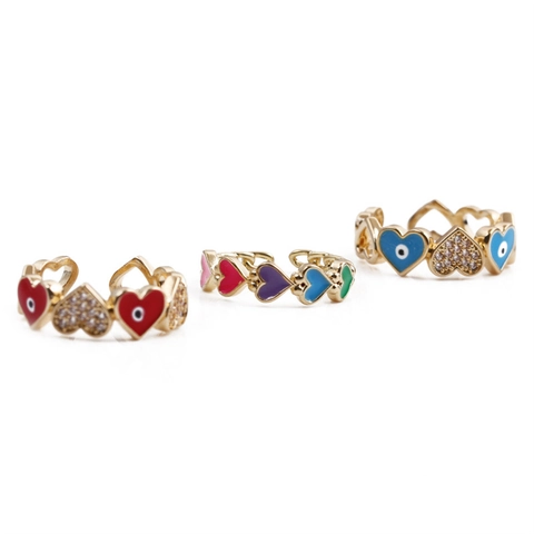 Heart Shape Open Ring Copper Micro Zircon Enamel Evil Eye Adjustable Fashion Jewelry For Women
