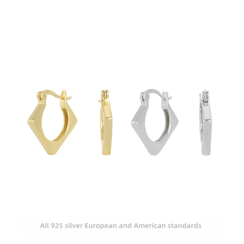 925 Sterling Silver Geometric Hoop Earrings Minimalist Rhombus Design Gold Silver Plated Casual Earrings For Women Jewelry