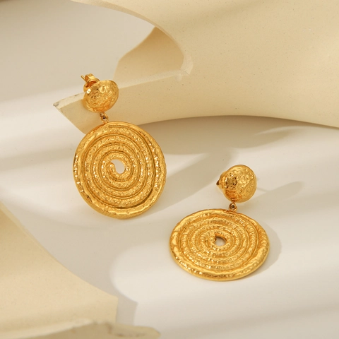 Spiral Drop Earrings For Women 18K Gold Plated Stainless Steel Geometric Textured Vintage Minimalist Style Accessory