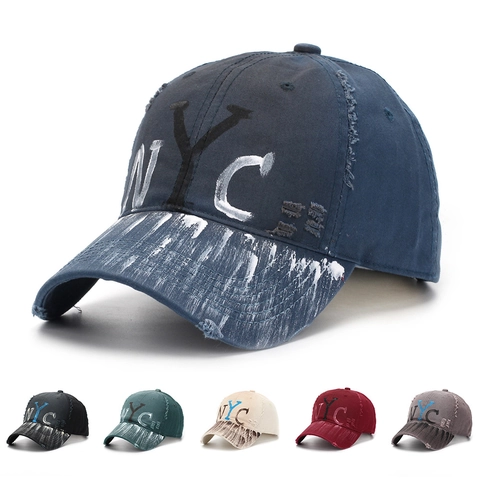 Casquette De Baseball En Coton Lavé Graffiti NYC Vintage Distressed Éclaboussures De Peinture Chapeau De Soleil Réglable