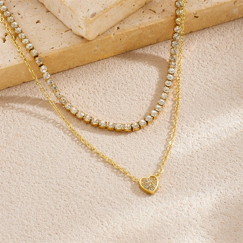 Layered Stainless Steel Necklace Gold Plated Heart Round Pendant Rhinestone Tennis Chain For Women