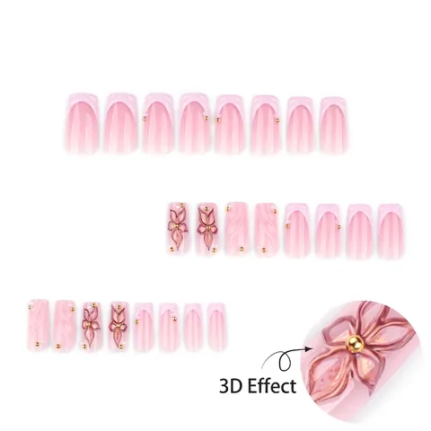 3D Flower Press On Nails Pink Gradient French Style Medium Long Square False Nails With Artificial Pearls Gold Beads Elegant For Women