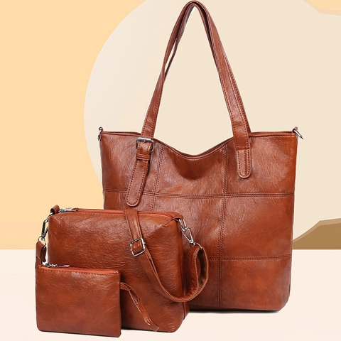Women PU Leather Tote Crossbody And Pouch Bag Lattice Stitching Large Capacity Minimalist Urban Fashion