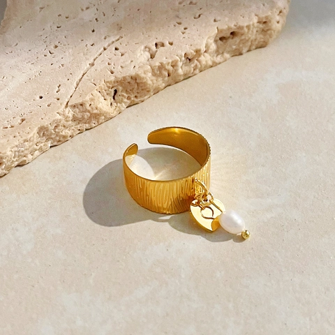 Verstellbarer Offener Ring Edelstahl Herzanhänger Künstliche Perle Strukturierter Vergoldeter Französischer Stil Für Damen