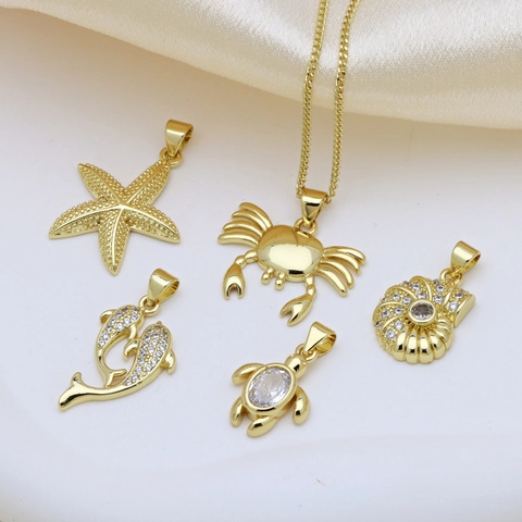 Meerestier Anhänger Halskette Gold Plattiert Kupfer Zirkonia Schildkröte Seestern Krabbe Delphin Schmuck Für Frauen
