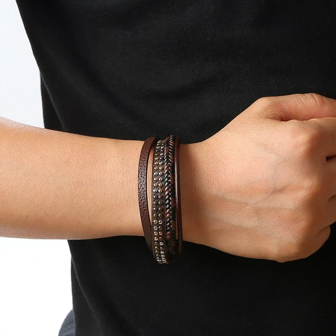 Men Multi-layer Braided Leather Bracelet With Metal Rivets And Magnetic Clasp Fashion Punk Casual Wristband