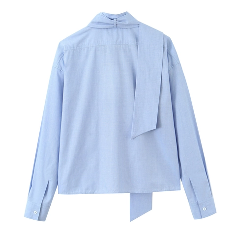 Women Blouse Shirt Polyester Bow Tie Neck Long Sleeve Casual Elegant Solid Sky Blue Pocket Single Breasted