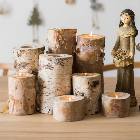 Portacandele In Legno Di Betulla Corteccia Naturale Candelabri Per Lumini Rustico Nordico Natale Matrimonio Tavola Decorazione Casa