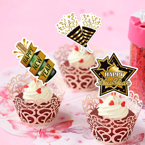 Gelukkig Nieuwjaar Cake Toppers Zwart Goud Glitter Papier Cupcake Prikkers Voor Oud En Nieuw Decoraties Met Bamboestokjes