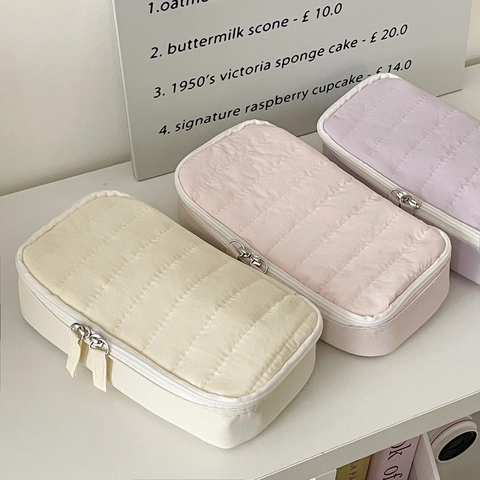 Large Capacity Quilted Cotton Pencil Case Portable Student Stationery Storage Bag Macaron Color Minimalist Aesthetic