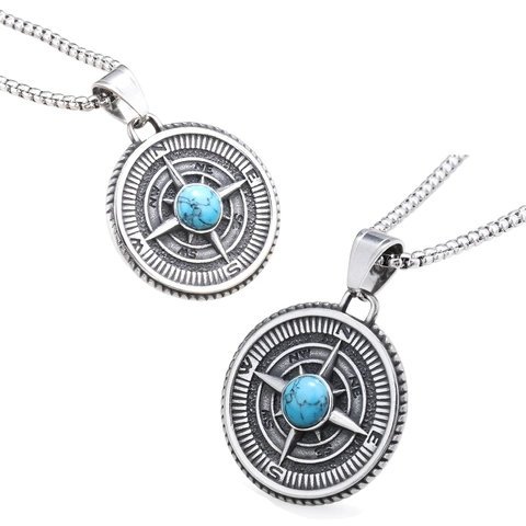 Wikinger Kompass Rose Anhänger Halskette Edelstahl Nautischer Schmuck Mit Rundem Türkis Retro Nordischer Stil Für Männer Frauen
