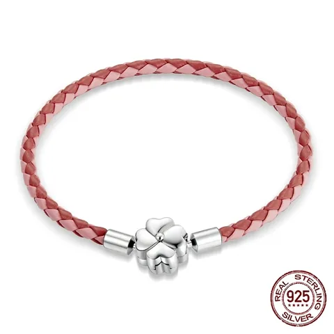925 Sterlingsilber Kleeblatt Armband Für Damen Gewebtes Leder Geflochtenes Glücksarmband Mit Zirkonia Verschluss Eleganter Schmuck