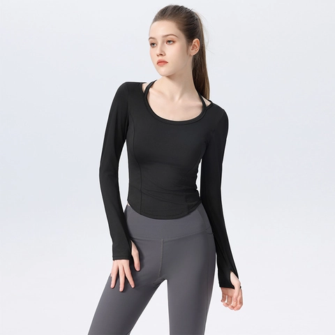 Damen Slim Fit Langarm Yoga Shirt Schnelltrocknend Workout Top Mit Daumenlöchern Polyester Spandex Überkreuztes Rücken Design