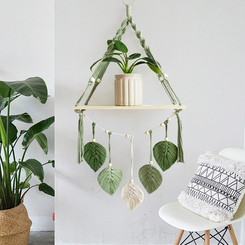 Macrame Wandbehang Regal Handgefertigte Baumwollseil Tapisserie Mit Holzbrett Blattfransen Nordisches Boho Dekor
