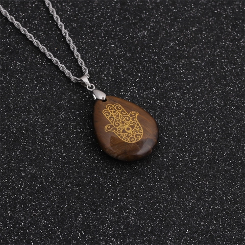 Hamsa Hand Böser Blick Tränenform Edelstein Anhänger Halskette Edelstahl Seilkette Hip Hop Ethnischer Schmuck Damen
