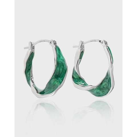 Boucles d'Oreilles en Forme de U Torsadées en Argent Sterling 925 Émail Vert Texture Marbre Boucles d'Oreilles Design Niche Élégantes pour Femmes