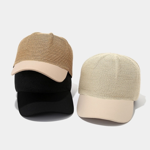 Women Straw Woven Baseball Cap Breathable Sunshade Hat With Fabric Brim For Summer Outdoor Travel Minimalist Style