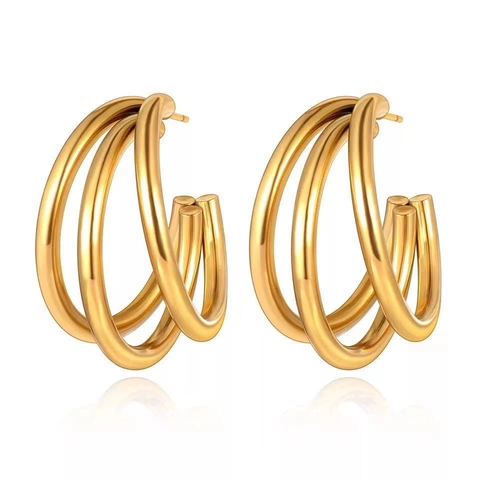 Minimalist Stainless Steel Triple Layered Geometric Hoop Earrings For Women 18K Gold Plated C Shaped Ear Buckle Jewelry Gift