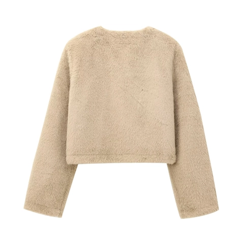 Chaqueta De Piel Sintética Para Mujer Elegante Cuello Redondo Botonadura Sencilla Abrigo Corto Felpa Manga Larga Moda
