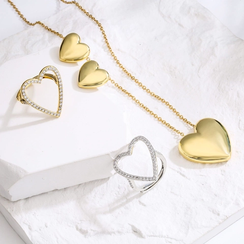Heart Necklace Earrings Open Ring Brass 18K Gold Plated Zircon Women Minimalist Fashion Commute Jewelry