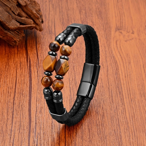 Men Double Layer Braided Leather Bracelet With Natural Tiger Eye Stone Beads And Stainless Steel Magnetic Clasp Punk Style
