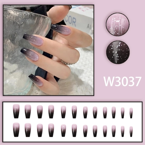 Coffin Press On Nails Lang Schwarz Lila Verlauf Sternenhimmel Glitzer Künstliche Fingernägel Für Damen Mode