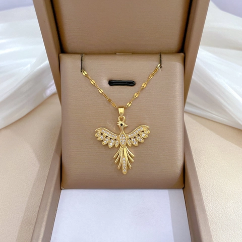 Luxus Phönix Anhänger Halskette Funkelnde Strass Kupfer Vogel Charme Mit Edelstahl Kette Für Damen Schmuck